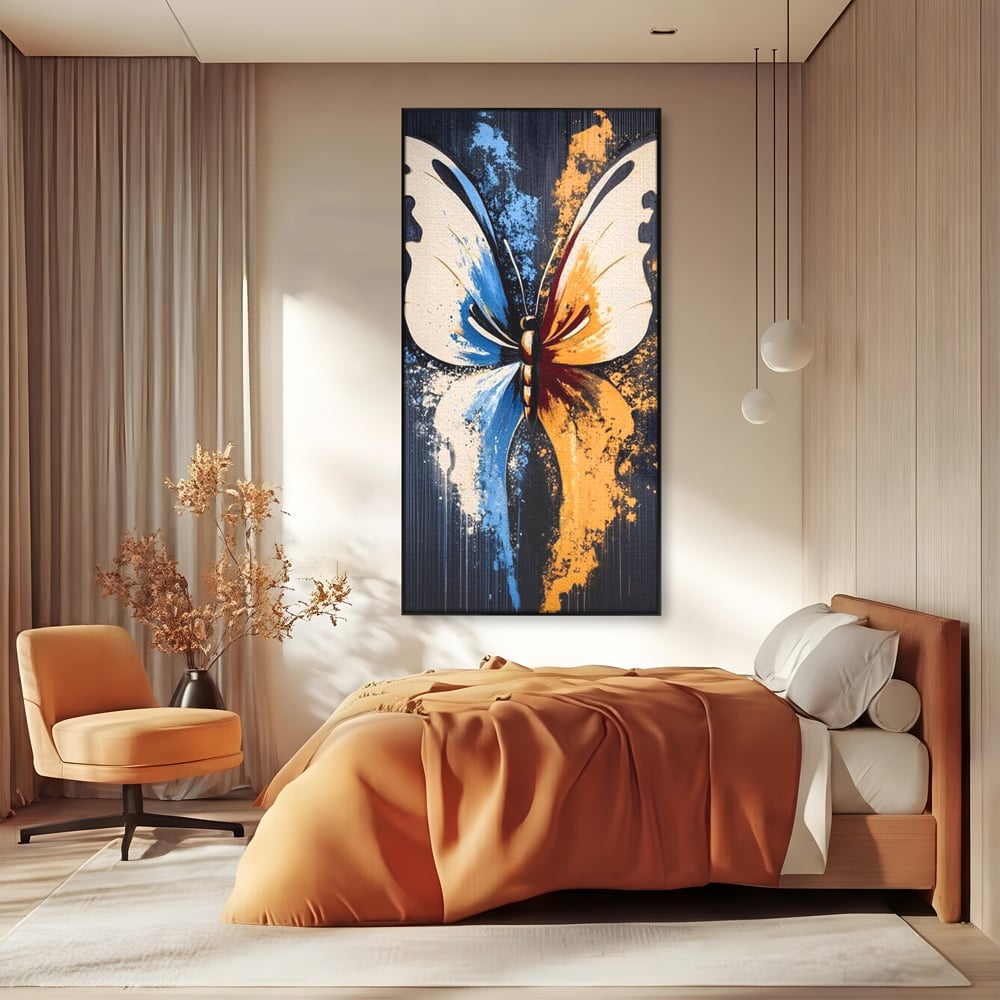 Tablou canvas cu tablou canvas cu fluture simetric, in rama de aluminiu negru, pe perete intr-un dormitor